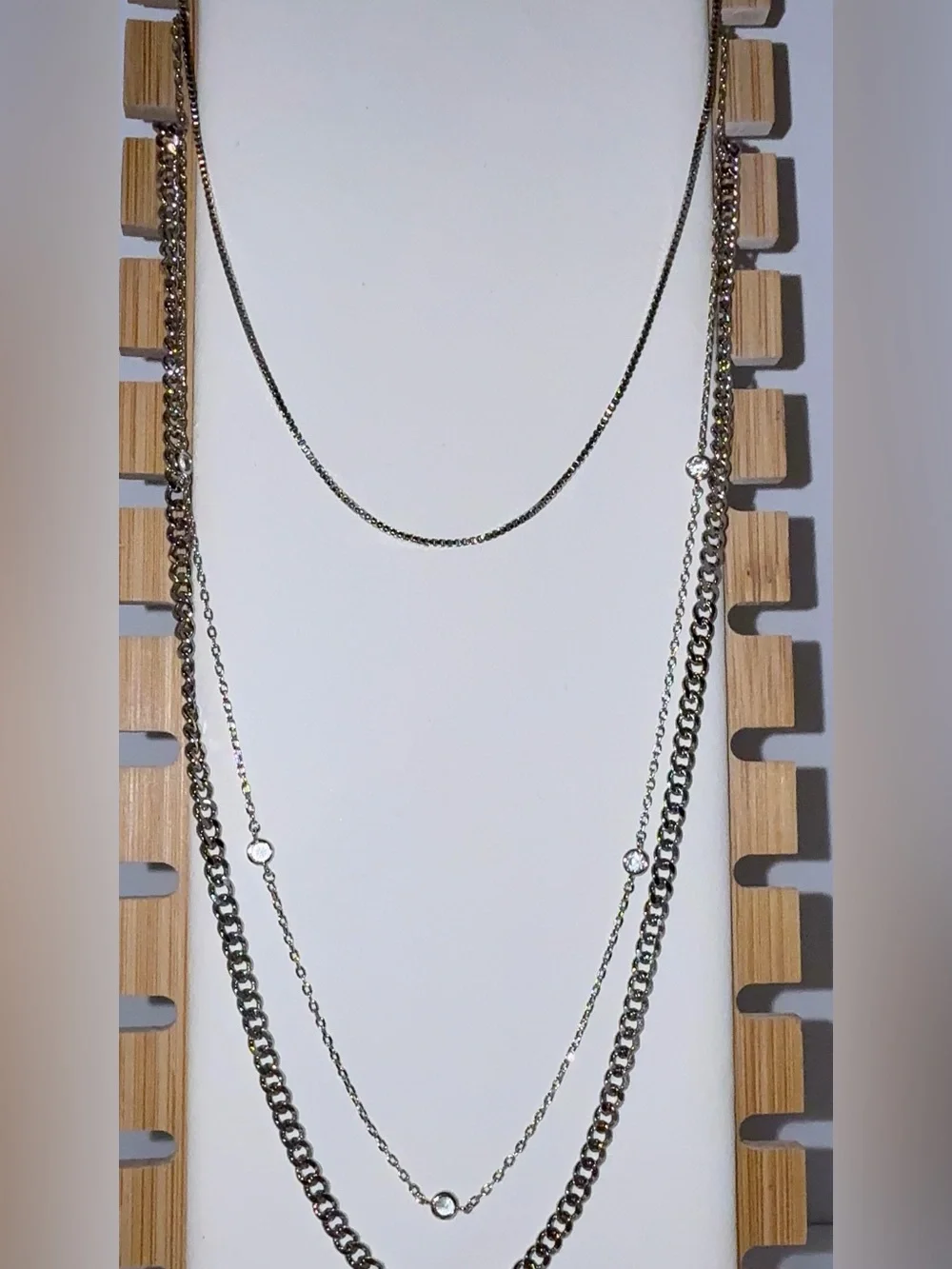 3 Layered Stainless Steel Silver Tone Crystal Station Necklace